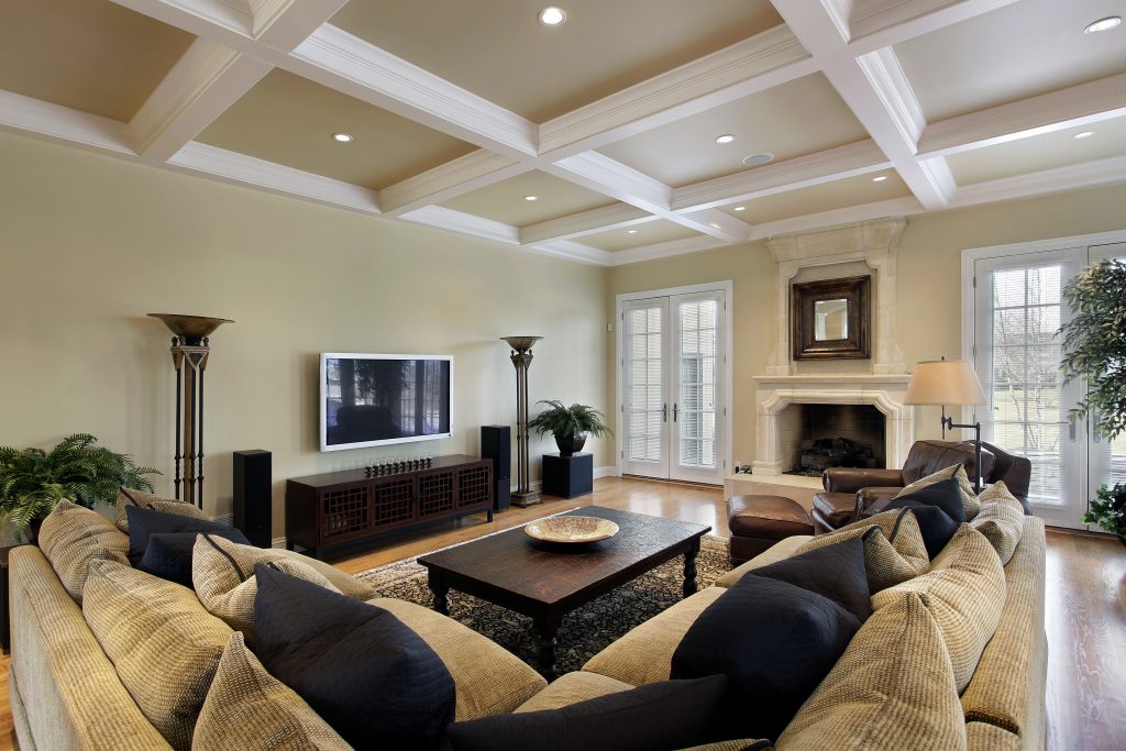 Family room in luxury home with fireplace